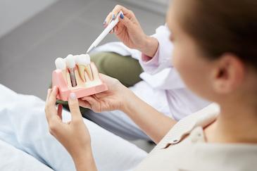 dentist showing a dental implant model to patient